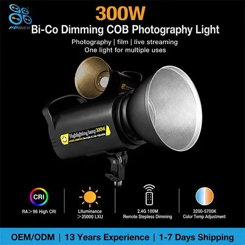 300W COB LED 사진 조명, Ra96 고휘도, 3200-5800K 무단계 디밍, 보웬스 마운트 스튜디오 조명 (인물 촬영용)